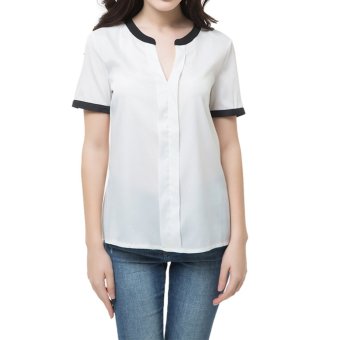 นิวแฟชั่นสตรีผ้าชีฟองคอวีสีดำแขนสั้นเสื้อลำลองออกเซ็กซี่เสื้อขาว นิวแฟชั่นสตรีผ้าชีฟองคอวีสีดำแขนสั้นเสื้อลำลองออกเซ็กซี่เสื้อขาว