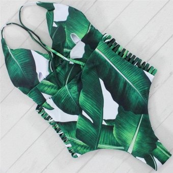 LALANG Bandage Swimsuit Women High Cut One Piece Swimwear Women Green Leaves Printting Beach Bikini (
