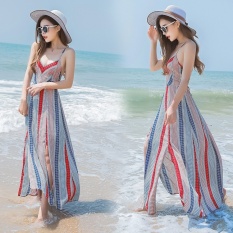 The new printed stripe backless condole chiffon dress Bohemian dress seaside holiday beach dress - intl The new printed stripe backless condole chiffon dress Bohemian dress seaside holiday beach dress - intl