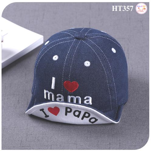 หมวกแก๊ปเด็ก ปักลาย I love mama ปีกหมวกพิมพ์ลาย I love papa (3 -12 เดือน)