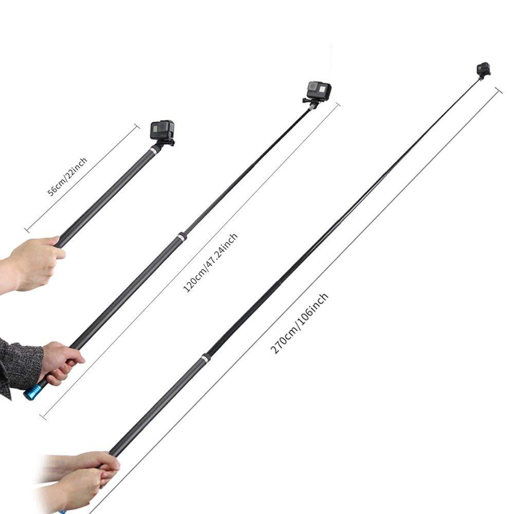 TELESIN Ultra long Carbon Fiber GoPro Selfie Stick Monopod for GoPro Max 8/7/6/5/4/3+and most digital camers/cellphones. Telescopic 180 degree Rotation Waterproof Extendable 3 lengths 56cm , 120cm , 270cm