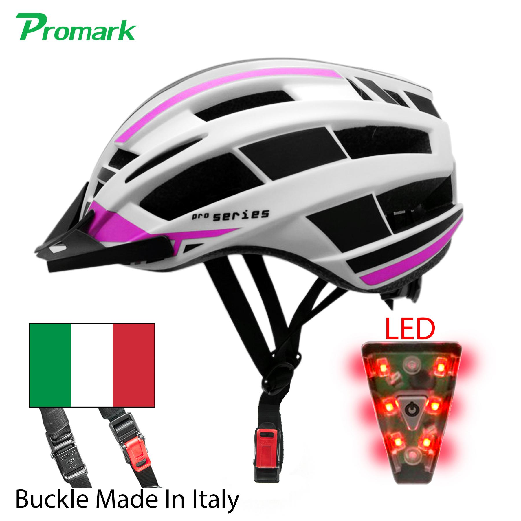 PROMARK หมวกปั่นจักรยานมีไฟ Premium LED Cycle Helmet, Chin Buckle (Made In Italy,) EPS Foam, Adjustable Size (Pink)