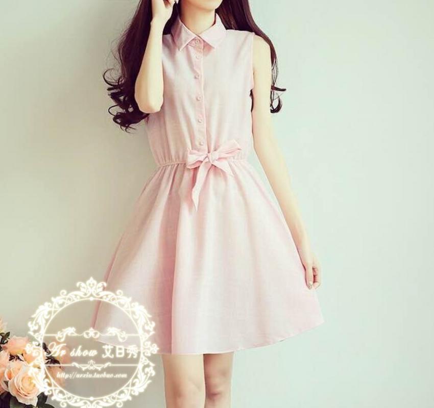 ชุดเดรสสั้น ผูกโบว์ แขนกุด ZASHION Button-Down Ribboned Waist Doll Dress