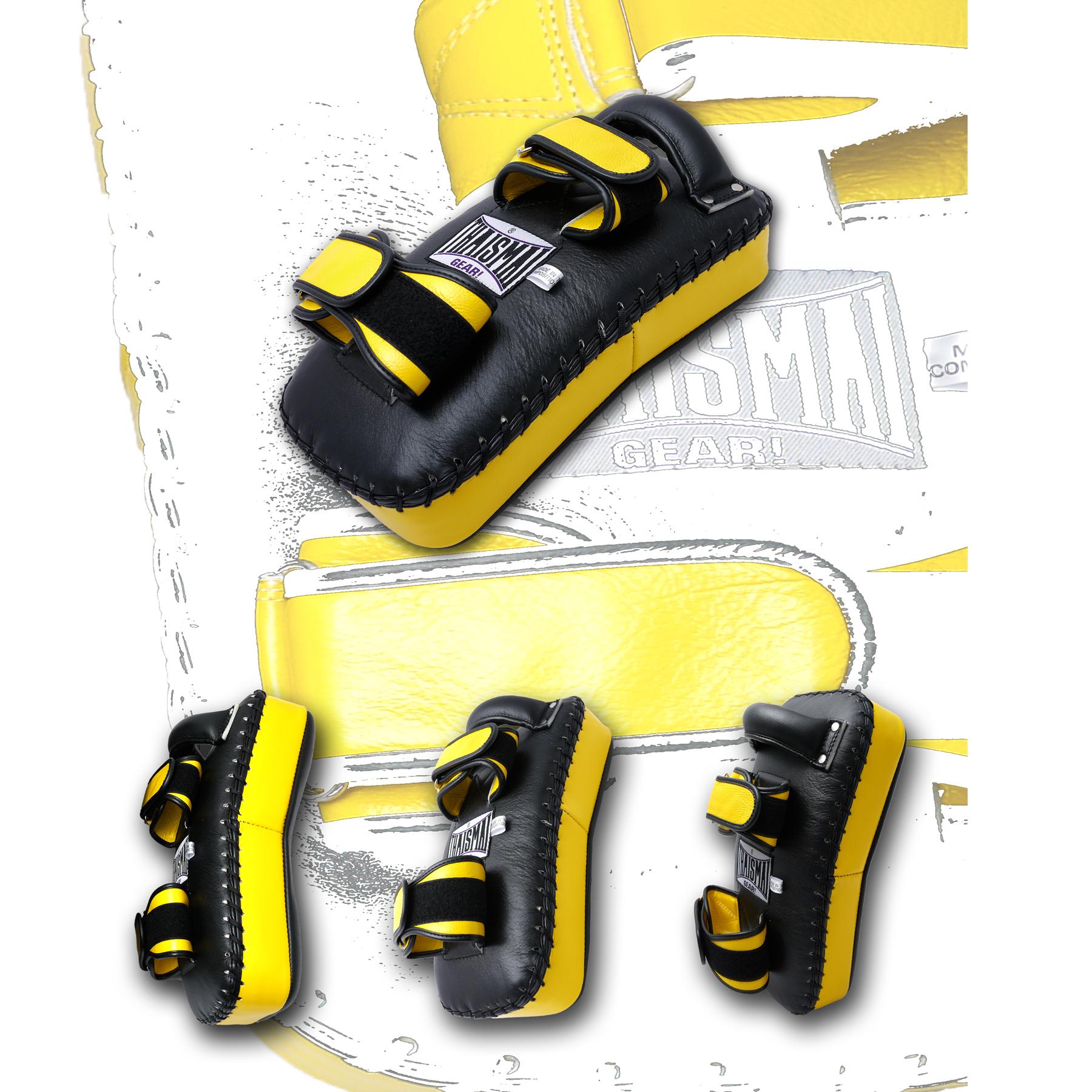 THAISMAI  KP-142 - เป้าเตะ แบบโค้ง หนังแท้ สีเหลือง/ดำ 1ข้าง - Kick Pad Curved Leather Yellow/Black  1 Piece