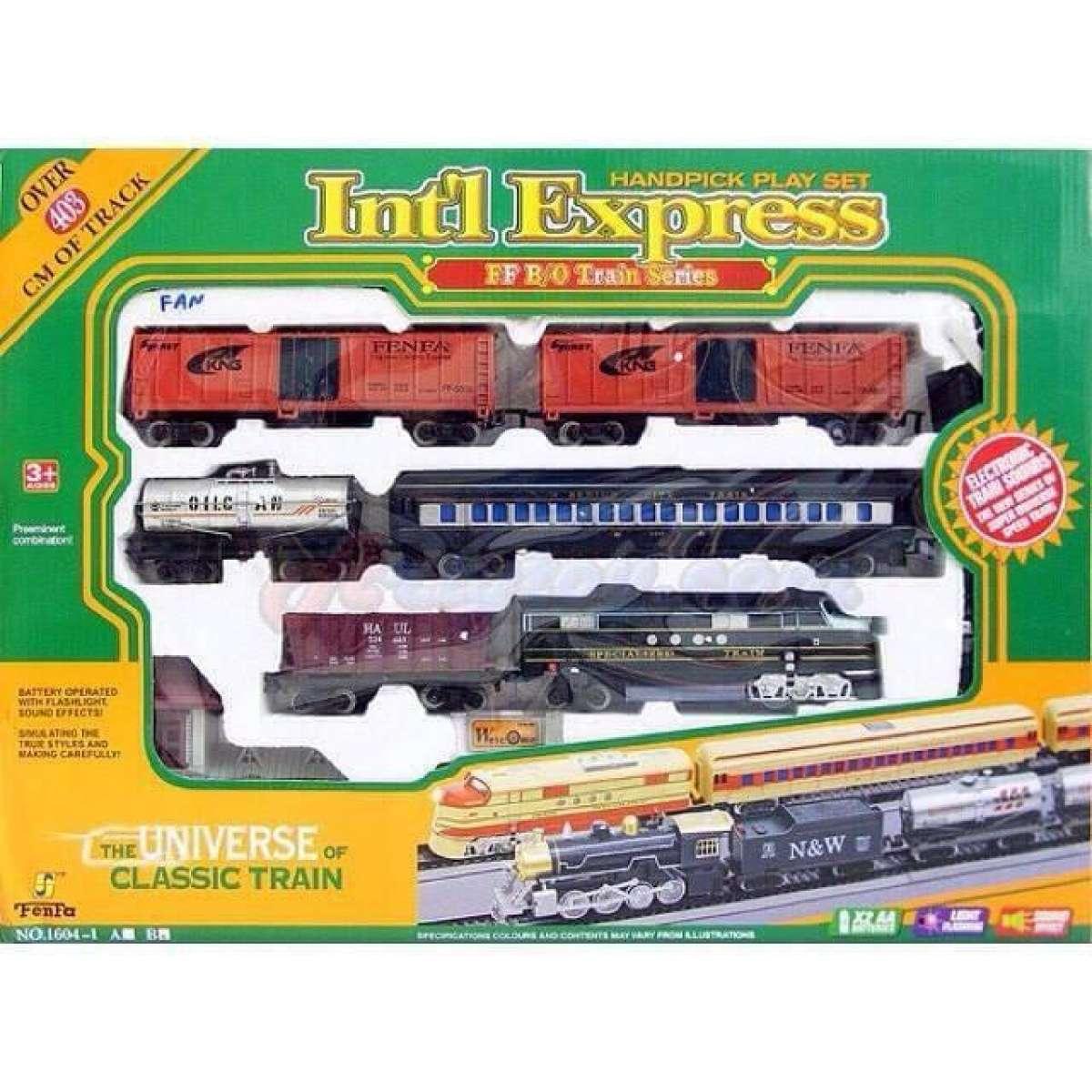 รถไฟวิ่งราง Int' Express (MFAN) ขนาดใหญ่ หัวรถไฟ มีเสียงและมีไฟ รถไฟวิ่งรางขบวนยาว 5 โบกี้