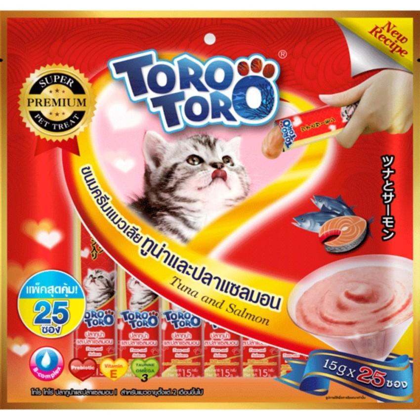 Toro Toro 2 Packs โทโร โทโร่ ขนมครีมแมวเลียปลาทูน่าและปลาแซลมอนผสมวิตามินรวม(15 g. x 25 ซอง) 2 แพ็ค