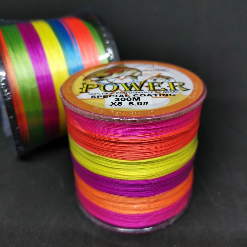 POWER สายตกปลา 100% PE ถัก8เส้น ( X8) 300เมตร เบอร์ 6 0.4mm 80LB 36.4KG 5สี เหนียวๆ )