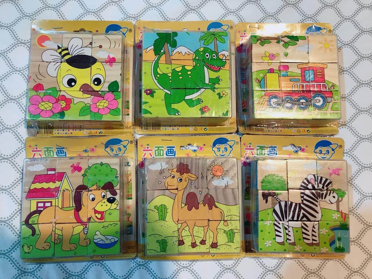 บล็อก ปริศนา เด็ก หกเหลี่ยม ทำจาก ไม้ 7 แบบ เรียนรู้สำหรับ เด็ก ก่อนวัยเรียน       Six-Sided Wooden Painted Childrens Puzzle Blocks, 7 Designs Available, Early Learning Kids Toy