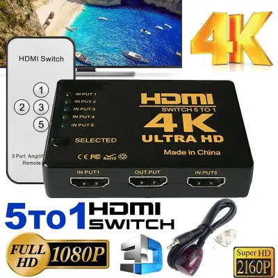 5 Ports Full HD Remote 1080P 3D HDMI Switch Selector 5 in 1 out Splitter 4k 2k