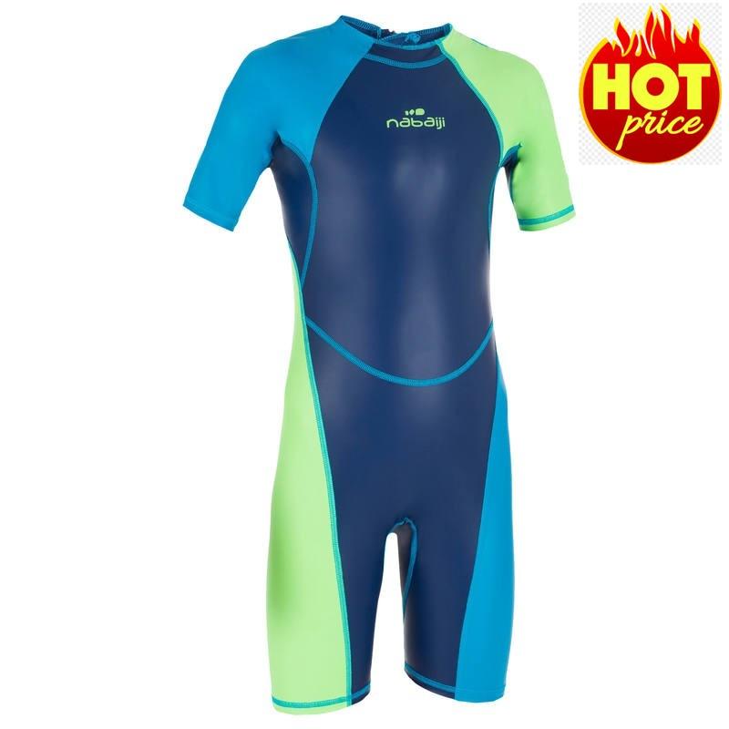 ชุดว่ายน้ำ ชุดว่ายน้ำขาสั้น สำหรับเด็กผู้ชาย รุ่น KLOUPI (สีฟ้า/เขียว) แบบเก็บอุณภูมิ