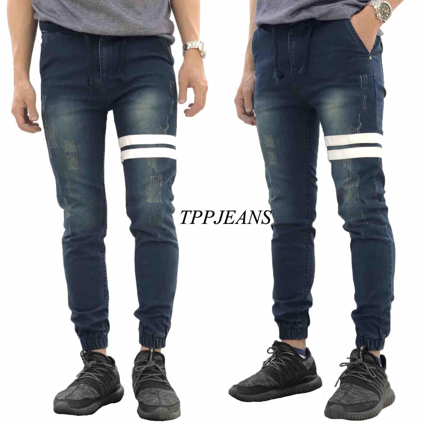 TPPJEANS Jogger Jeans กางเกงยีนส์ จ๊อกเกอร์แต่งแถบขาว ผ้ายืดเอวยาง มีเชือกไซส์ 28”-44"