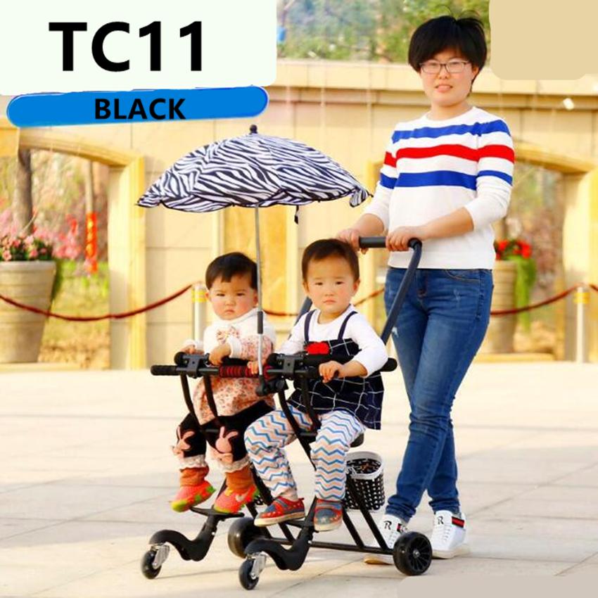 baby Style รถเข็นเด็กแฝด แบบ3ล้อเข็นคู่, เบาะนิ่ม มีไฟที่ล้อ เข็นง่ายพับเก็บง่าย ไม่ยุ่งยากน้ำหนักเบา รับน้ำหนักได้ 70 kg รุ่น：TC11