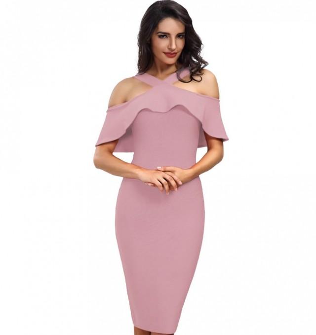 ชุดเดรสคลุมเข่า ปาดไหล่ ZASHION Slim Fit Semi Off-Shoulder European Dinner Dress