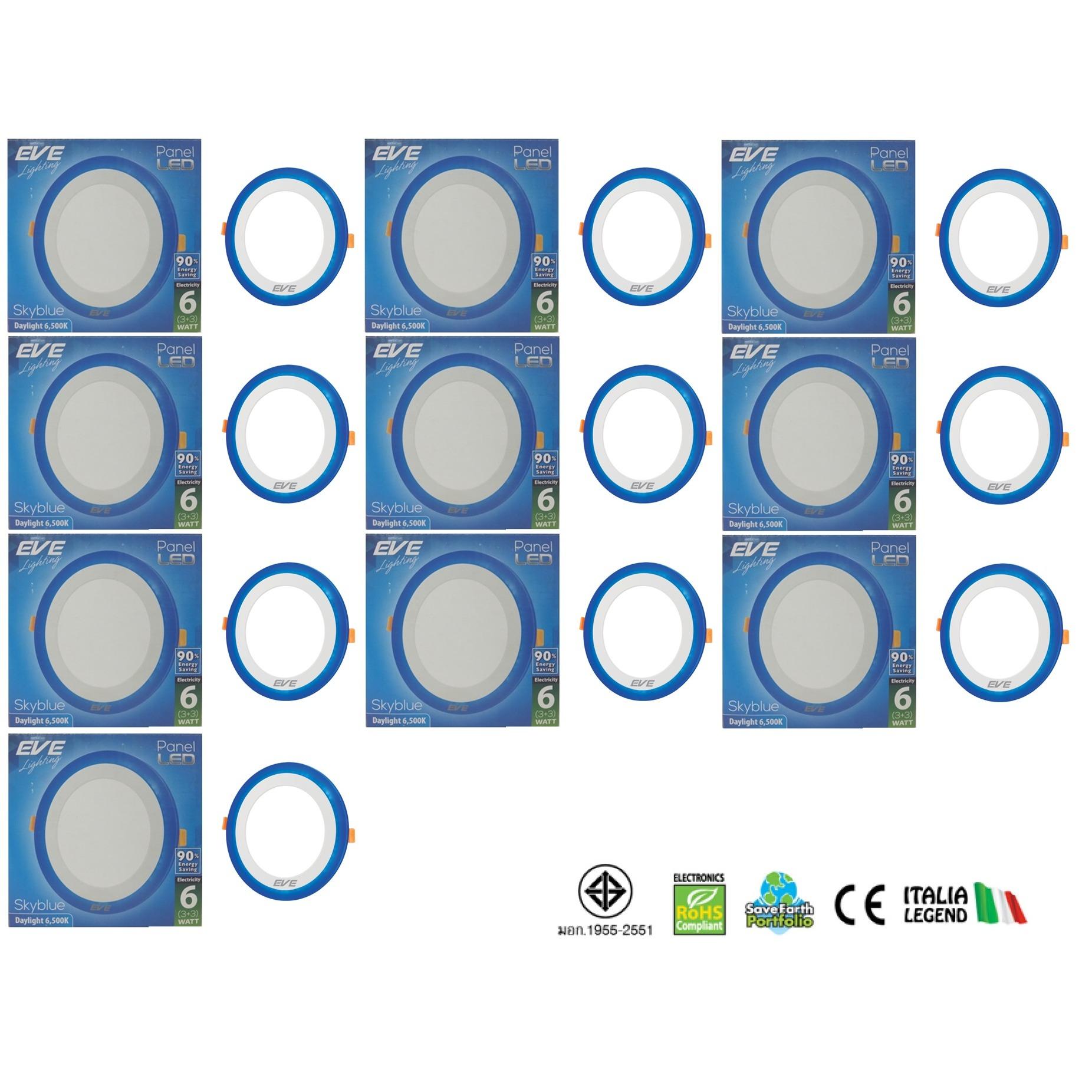 EVE โคมพาเนลไลท์แอลอีดี สกายบลู หน้ากลม (3+3) 6 วัตต์ เดย์ไลท์ แพ็ค ( 10 หลอด ) EVE โคมพาเนลไลท์แอลอีดี สกายบลู หน้ากลม (3+3) 6 วัตต์ เดย์ไลท์ แพ็ค ( 10 หลอด )
