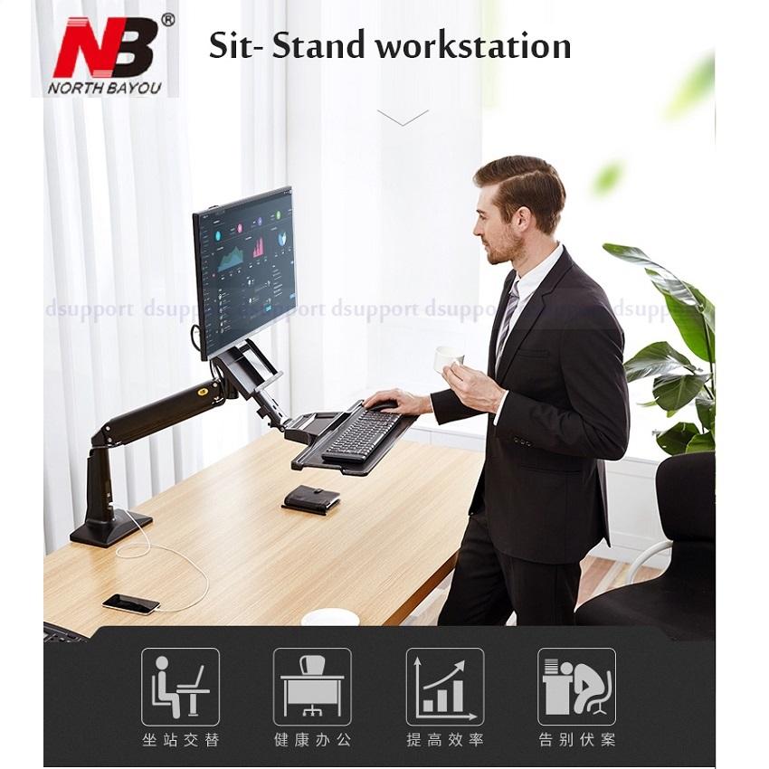 North Bayou NB FC35 By Mastersat  ขาตั้งจอ และคีย์บอร์ด Ergonomic Desktop Gas Spring 22-35 inch Monitor Holder With Foldable Keyboard Tray Full Motion Sit-Stand Workstation
