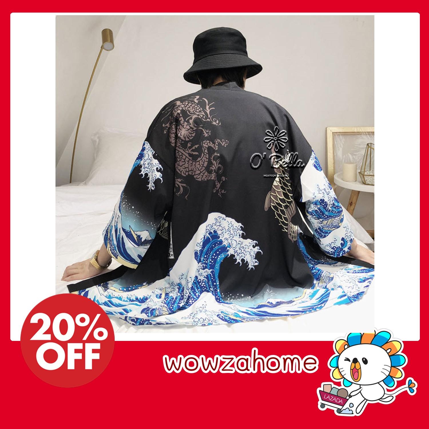wowzahome เสื้อคลุมตัวนอกผู้ชาย แฟชั่นสไตล์ญี่ปุ่น กันแดด กัน UV Men Japanese Yukata Coat Kimono Outwear Vintage Loose Top