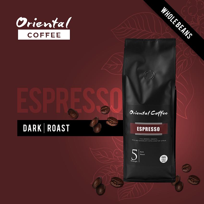 Oriental Coffee 100% Arabica Coffee Bean Espresso 500 g. 1 bag. เมล็ดกาแฟคั่ว อราบิก้า 100% คั่วเข้ม 500 กรัม 1 ถุง