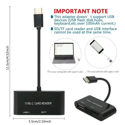 Portable USB 3.1 OTG Type-C to USB 2.0 Hub Card Reader Adapter SD/TF Memory Card