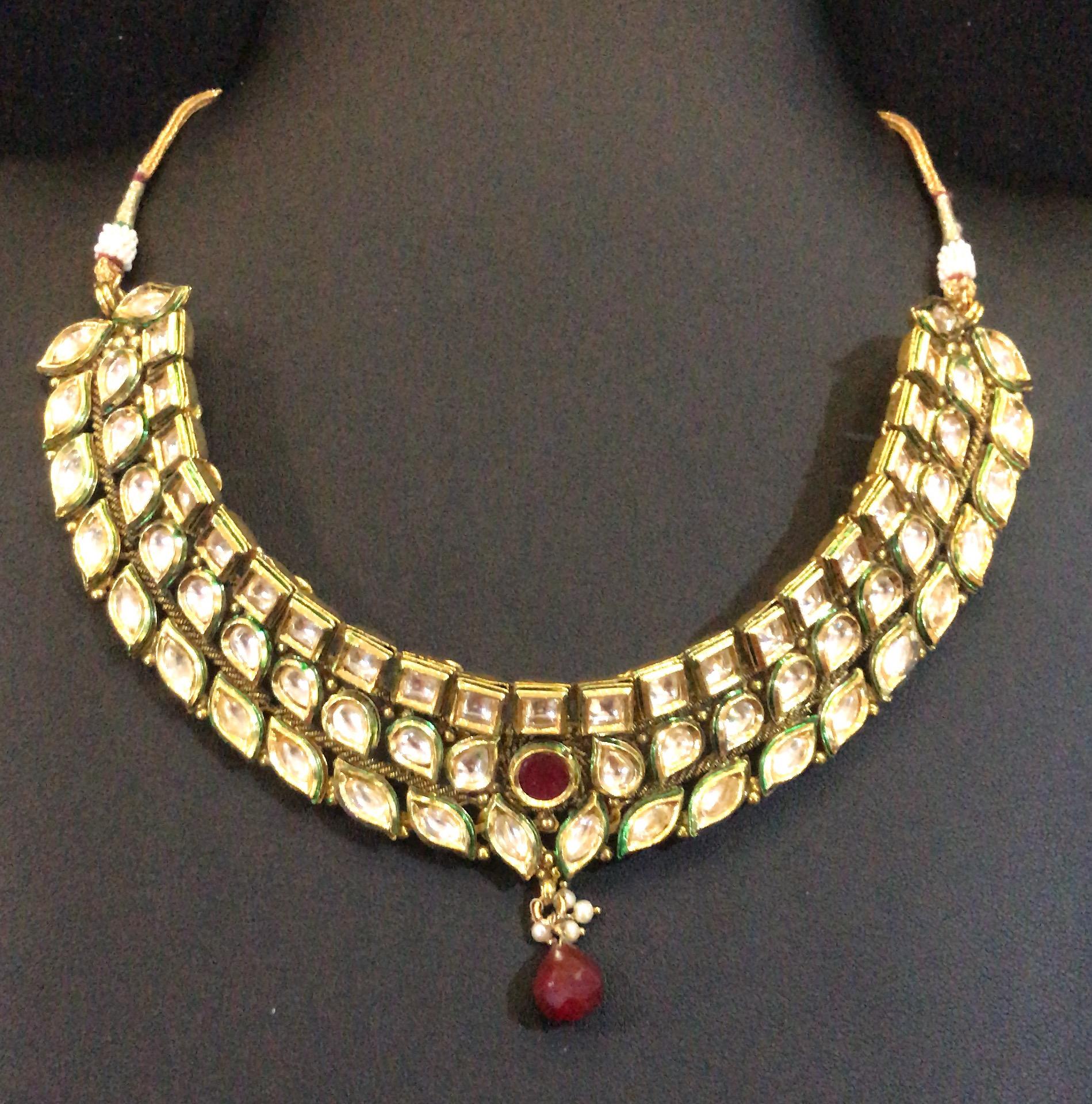 Kundan Ruby Beads Necklace, Earrings and Tika Set.