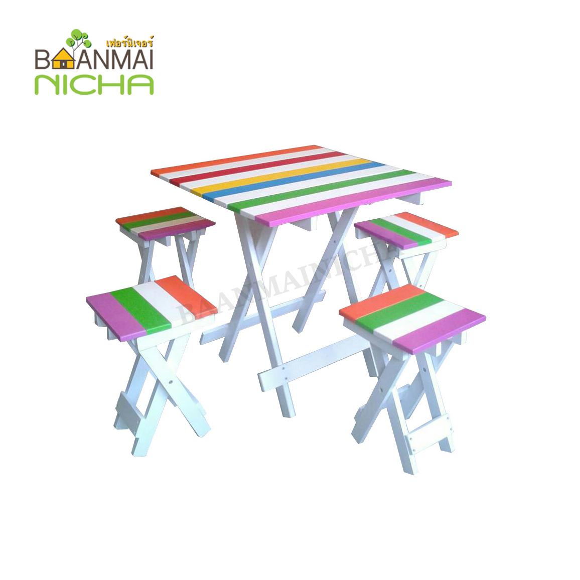 Baanmainicha โต๊ะพับปิคนิค โต๊ะสนามพับเก็บได้ โต๊ะพับไม้ยางพารา โต๊ะพับปิกนิค Size 75x75x75 cm. ทั้งชุด พับเก็บได้ รับน้ำหนักได้ 100 kg.