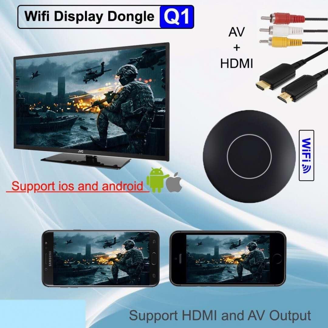 Q1 WiFi Display ใหม่ เวอร์ชั่นล่าสุด ตัวแปลงสัญญาณภาพHD+AV output receiver dongle Android TV streaming stick HDMI+USB+Audio miracast DLNA VS chromecast dab(รองรับ Android/IOS IOSสามารถเล่นยุทูปผ่านเน็ดมือถือได้) ของแถมสายRCA 1เส้นมูลค่า99บาท