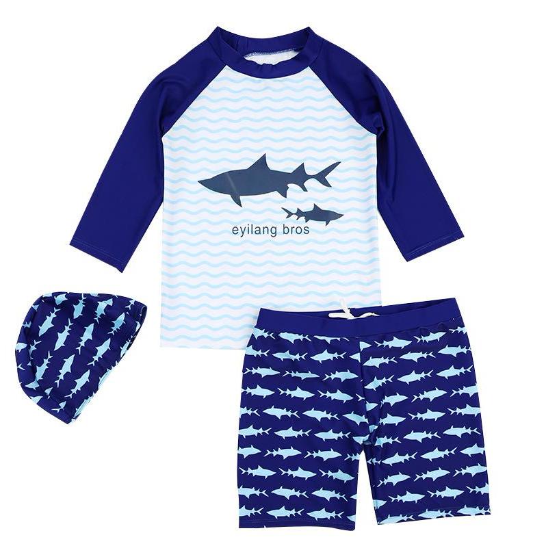 ชุดว่ายน้ำเด็ก 3 ชิ้น เสื้อ+กางเกง+หมวก ขาว-น้ำเงิน ลายฉลาม ไซต์ 4 -14 # 0936