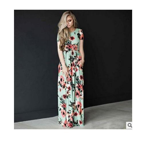 ชุด เดรส ยาว สไตร์ ฝรั่ง 2019 ใส่สบาย ลาย ดอกไม้/ สีเขียว   2019 American Style, Loose fit Dress, Long with Green Flower Design