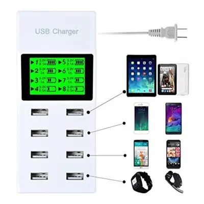 8 Port USB Desk Charger and Mains Extension With LCD Display for Multiple Mobile Phones,iPads,Tablets