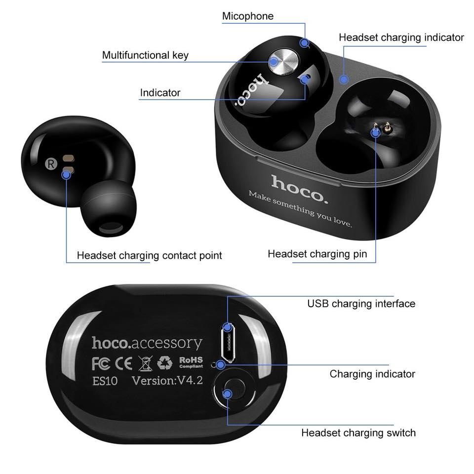 หูฟังบลูทูธไร้สายพร้อมกล่องชาร์จ HOCO ES10 Bluetooth เวอร์ชั่น 4.2 Wireless Bluetooth with charging Box  ของแท้ 100 %  รับประกัน 6เดือน