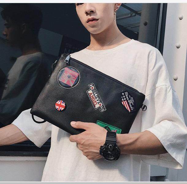 OSAKA กระเป๋าถือผู้ชายสไตล์เกาหลี ลายเก๋ๆ หนัง PU รุ่น NE128 - สีดำ (สินค้ามีรับประกัน)