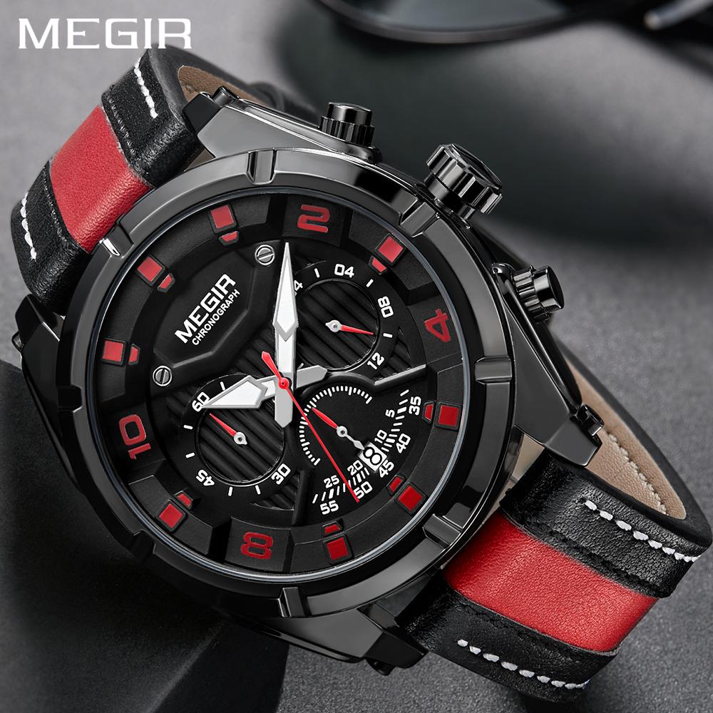 เช็คราคา100% ของแท้ MEGIR Chronograph กีฬา Casual ผู้ชายนาฬิกาควอตซ์ผู้ชายนาฬิกาแฟชั่นหนังเครื่องหนัง Watch ทหาร Little Relogio Masculino  - intl