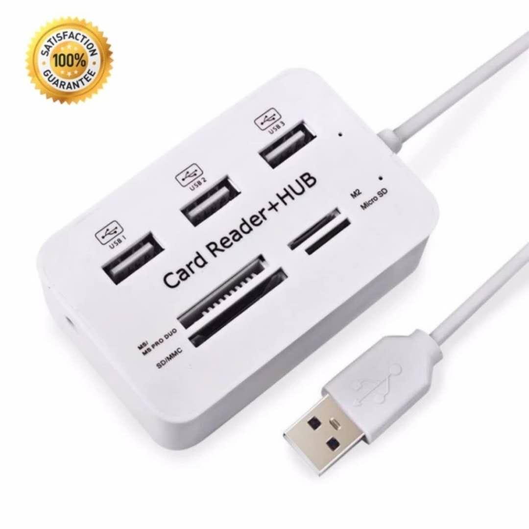 Micro USB Hub Combo 2.0 3 Ports Card Reader High Speed Multi USB Splitter Hub USB Combo All In One for PC Computer (White)