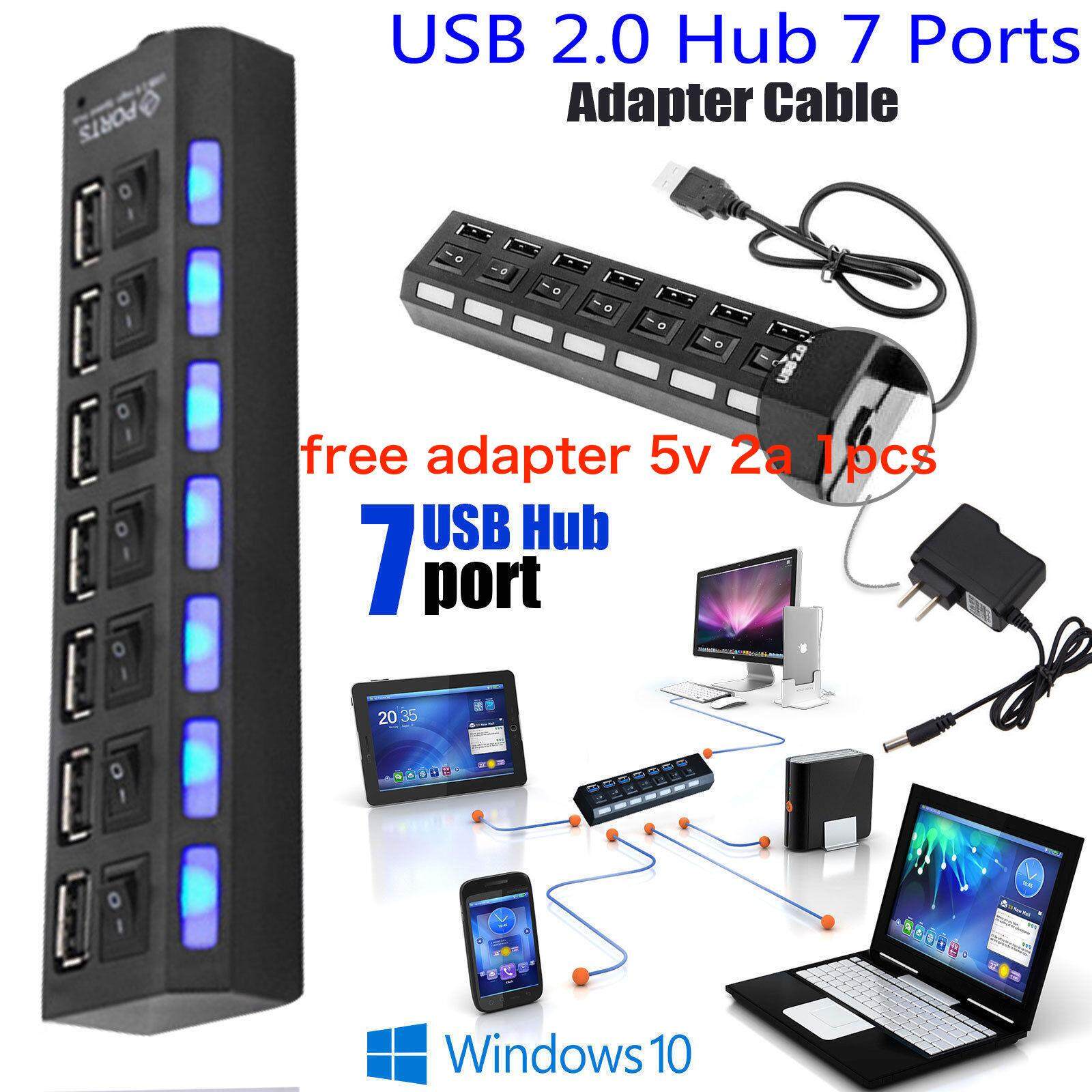 USB 2.0 7 Port Power On/Off Switch LED Hub for PC Laptop Notebook WH  Free adapter 5v 2a 1pcs (สีดำ)