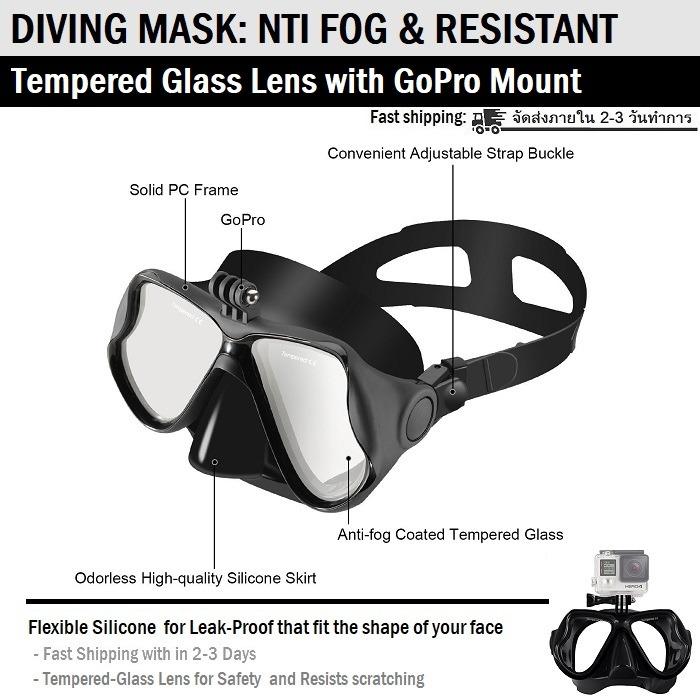 หน้ากากดำน้ำ กระจก Tempered Glass หน้ากากดำน้ำลึก แบบคาบท่อหายใจ พร้อมขาติดกล้อง - Snorkel Diving Mask Tempered Glass Lens  Anti-Fog with GoPro Camera Mount