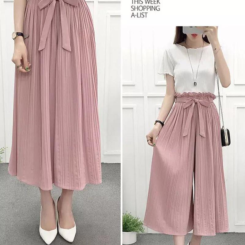 Fashion Summer Women Elastic Waist Chiffon Wide Leg Pants Pleated Wrinkle High Waist Loose Thin Trousers for Ladies Girls Black - intl
