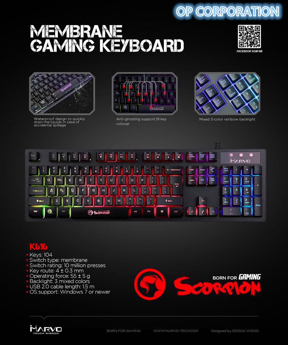 Marvo คีย์บอร์ดเกมมิ่ง คีย์บอร์ดมีไฟ Keyboard Gaming Scorpion Rainbow black light รุ่น K616 สีดำ