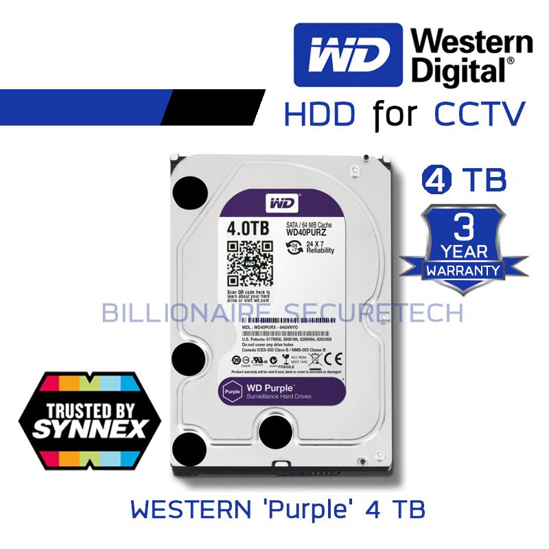 WD Purple 4TB 3.5  Harddisk for CCTV - WD40PURZ ( สีม่วง ) (by SYNNEX) BY BILLIONAIRE SECURETECH