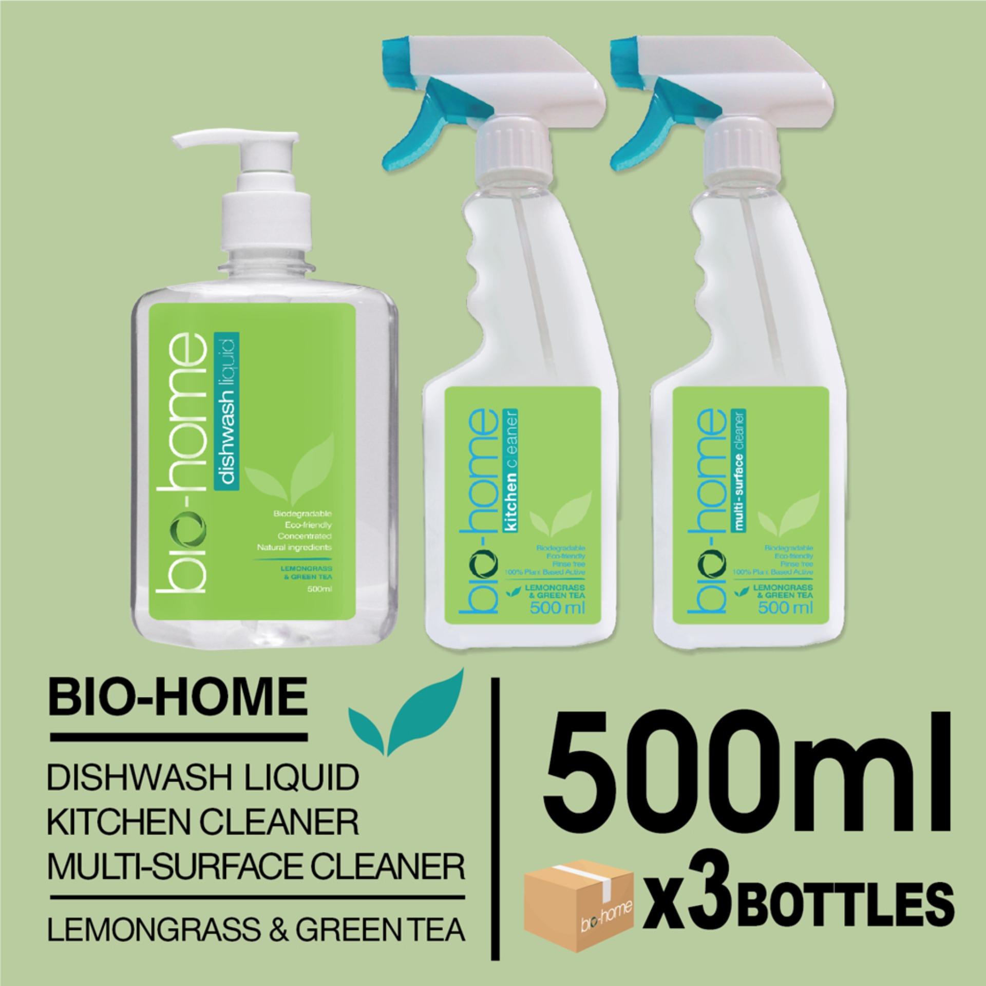 Bio-Home  Dishwash + Multi Surface + Kitchen Cleaner ไบโอโฮม ชุดรวมผลิตภัณฑ์ทำความสะอาดบ้านและเครื่องครัว กลิ่นตะไคร้ผสมชาเขียว 500 มิลลิลิตร x 3 ขวด