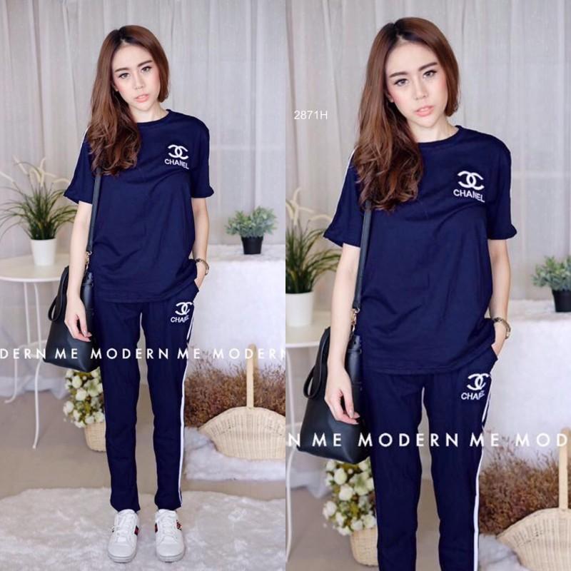 TW2871 Set ปักโลโก้ แต่งแถบ ขายาว ++สอบถามก่อนสั่งซื้อ++
