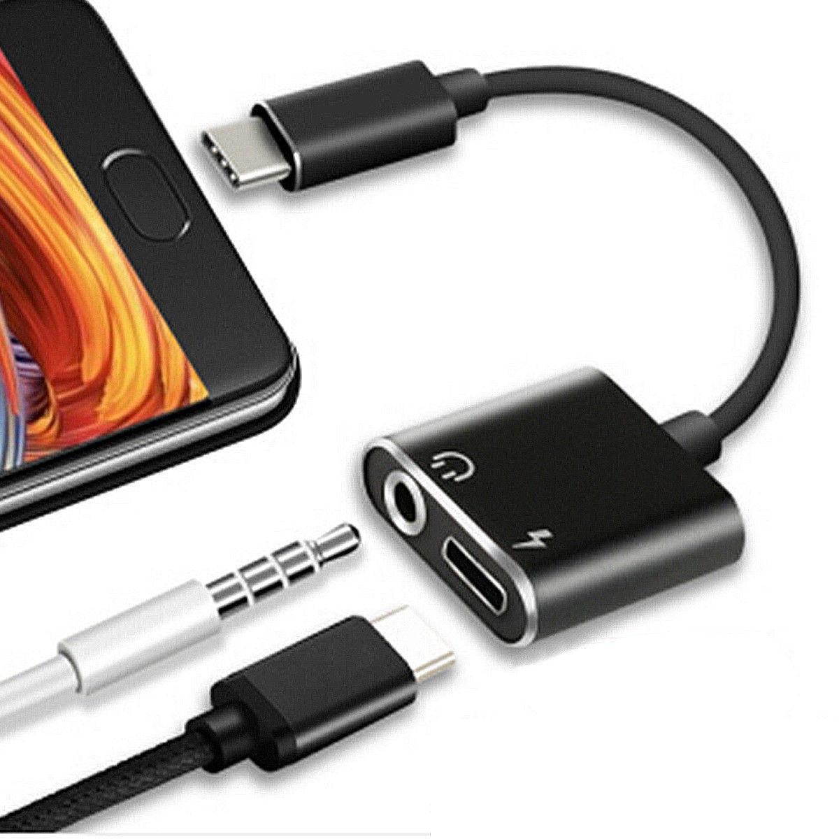 USB Type C to 3.5mm Jack Aux Audio + USB Type C Charging Female Port Splitter Cable - Black