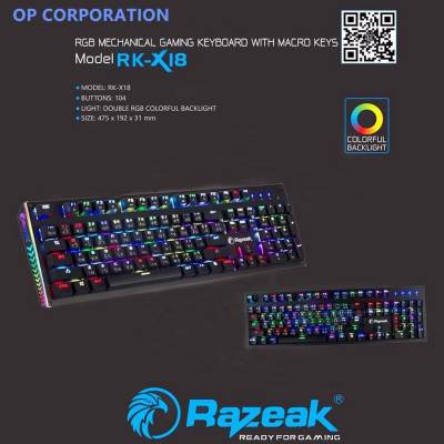 Razeak Rk-x18 คีย์บอร์ดสำหรับเกม RGB Gaming Mechanical Outemu Blue Switch Razeak Rk-x18 คีย์บอร์ดสำหรับเกม RGB Gaming Mechanical Outemu Blue Switch