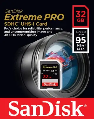 เมมโมรี่การ์ด SanDisk 32GB Extreme PRO U3 SDHC SD 95MB/s 633X UHS-I 4K CLASS 10 Flash Card (รับประกันตลอดอายุการใช้งาน)