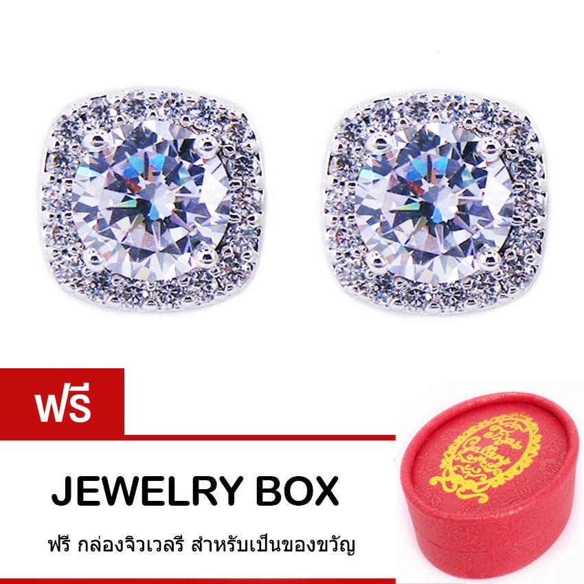 Tips Gallery Earrings Sterling Silver 925 Zirconia Diamond Gemstone 2 Carat White Gold Model Celeste Design TES204 Free Jewelry Box ราคา 240 บาท*ส่งฟรี