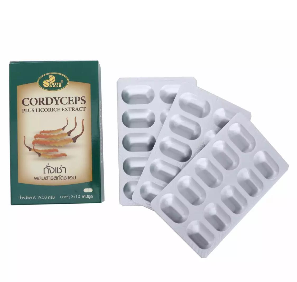 Phyto Gold Cordyceps ไฟโตโกลด์ ถั่งเช่า 500 mg. ผสมสารสกัดชะเอม ช่วยฟื้นฟูสมรรถภาพทางเพศ