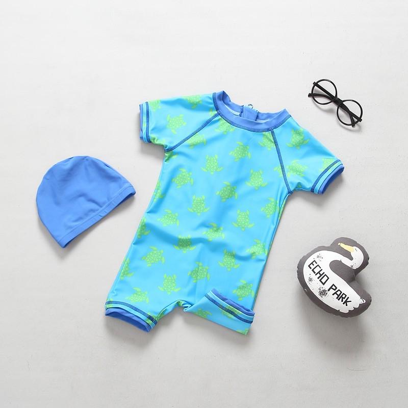 ชุดว่ายน้ำเด็ก+หมวก UPF50+ บอดี้สูท แขนสั้น สีฟ้า ลายเต่า ไซต์ 1T-5T # 2615