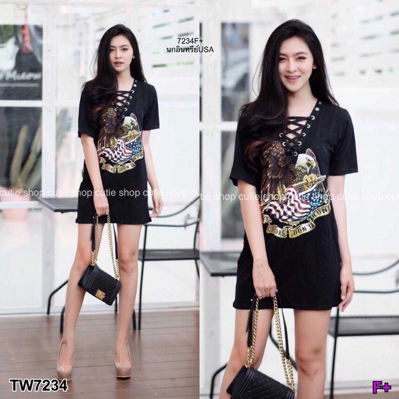 TW7234 Mini Dress คอวีเจาะตาไก่ร้อยเชือก สกรีนลายสวย สอบถามก่อนสั่งซื้อ