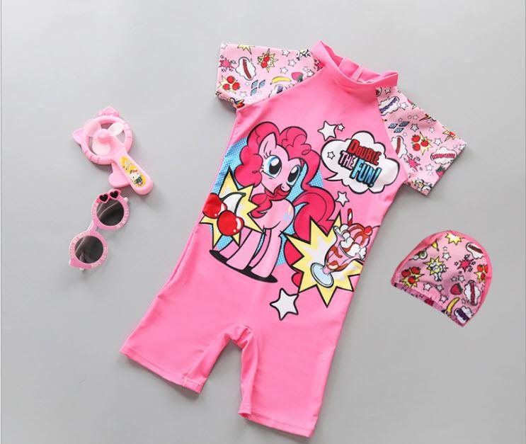 ชุดว่ายน้ำเด็ก+หมวก บอดี้สูท แขนสั้น ขาสั้น สีชมพู Little Pony ไซต์ M-3XL  # 17017