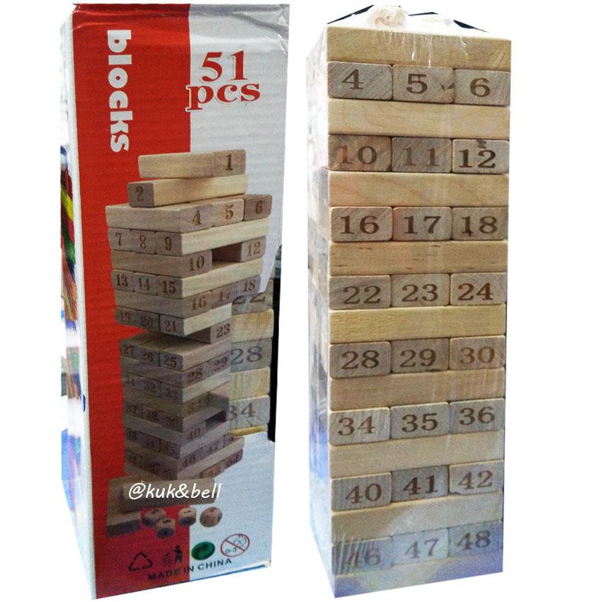 patipan toy ของเล่นไม้ เกมจังก้า (Jenga) ตัวต่อไม้ ตึกถล่ม 51 ชิ้น พร้อมลูกเต๋าY17037