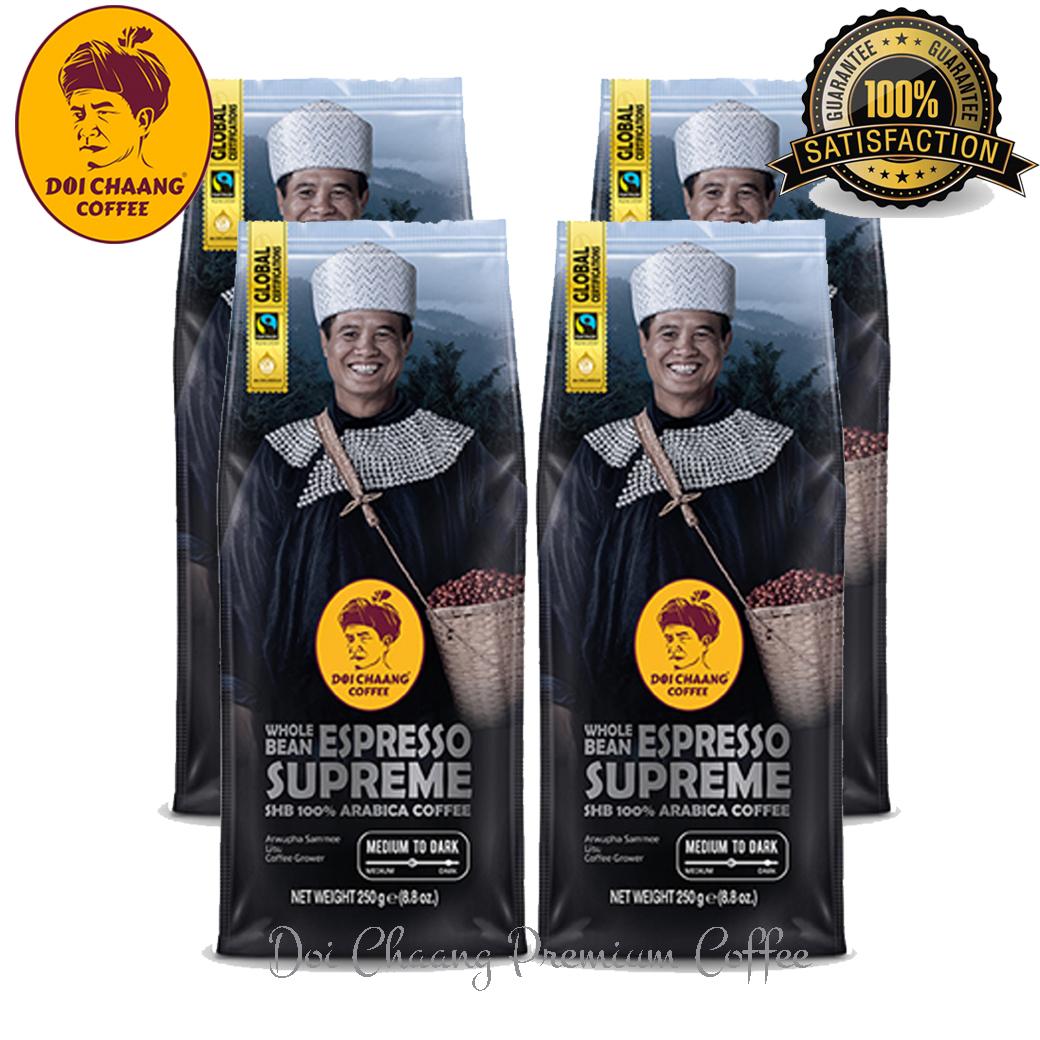 เมล็ดกาแฟสดคั่ว จากดอยช้าง100% อราบิก้า เอสเพรสโซ่ ซูพรีม กาเเฟดอยช้าง เอกลักษณ์กาแฟไทย สุดยอดกาเเฟโลก ระดับคั่วกลาง (Medium to Dark) :Espresso Supreme 250 g. 4 ถุง :ARABICA COFFEE. ราคา 1,375 บาท*ส่งฟรี