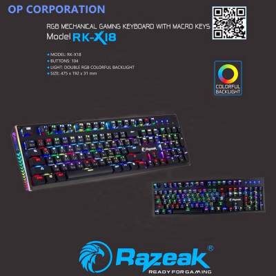 Razeak Rk-x18 คีย์บอร์ดสำหรับเกม RGB Gaming Mechanical Outemu Blue Switch Razeak Rk-x18 คีย์บอร์ดสำหรับเกม RGB Gaming Mechanical Outemu Blue Switch